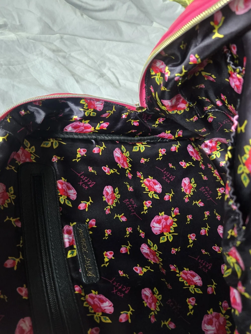 Betsey Johnson Rotary Phone Stripe Backpack with Hot Pink Trim Rose Interior